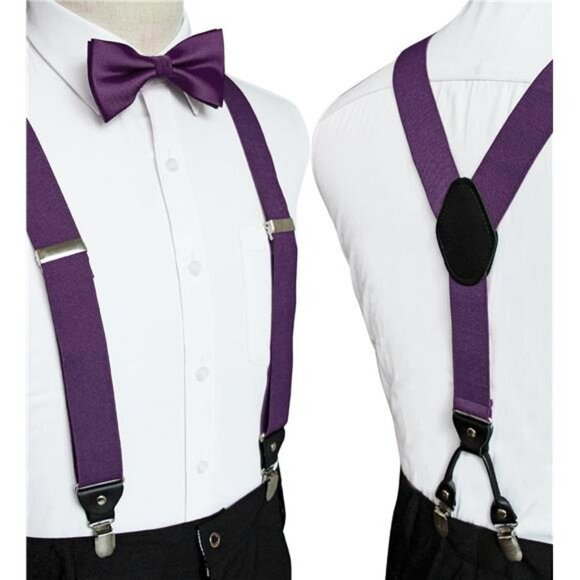 Mens Solid Color Suspenders Adjustable Y Back with Matching Silk Bow Tie Set - Picture 2 of 6
